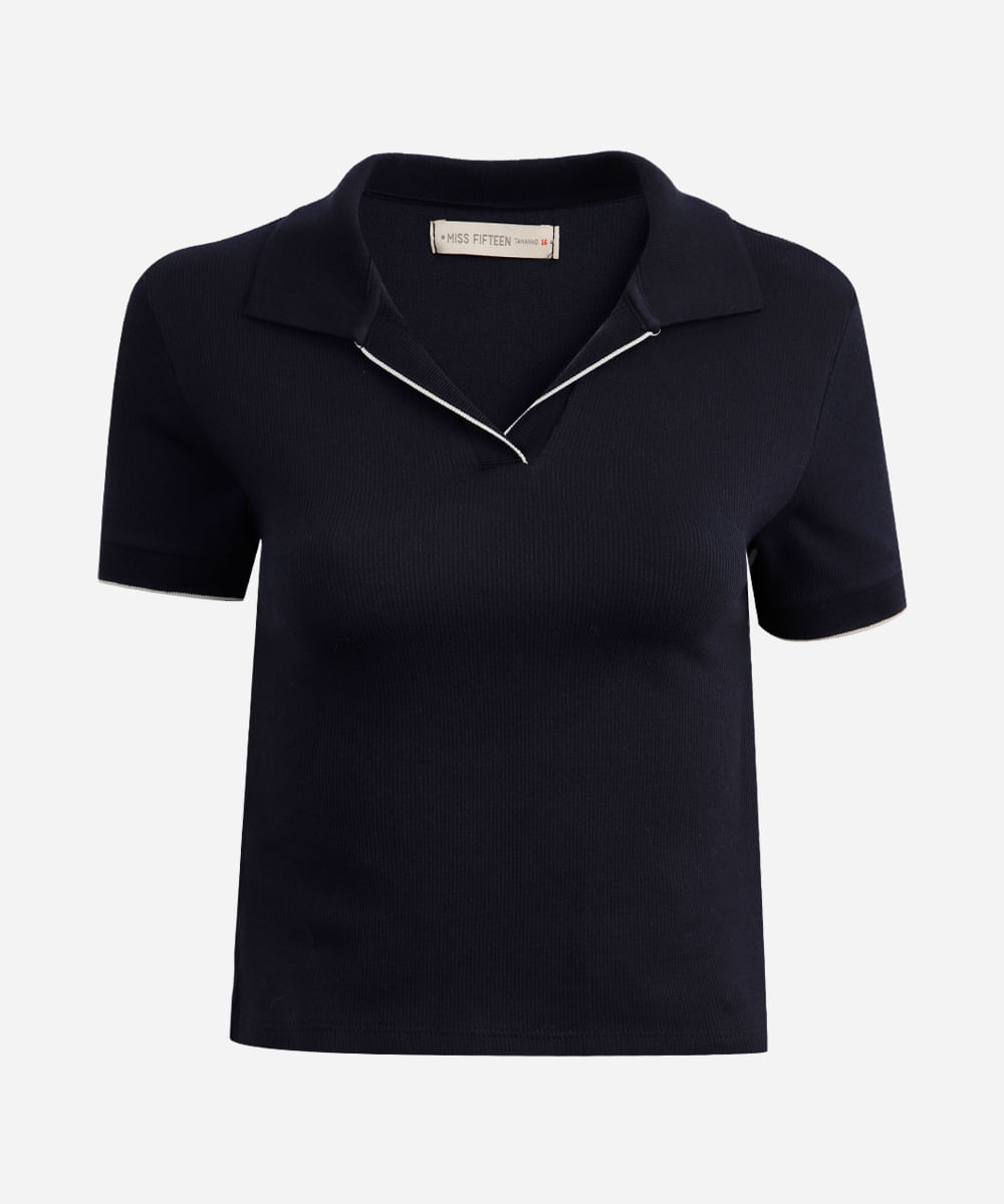 polo de algodão juvenil manga curta bicolor azul