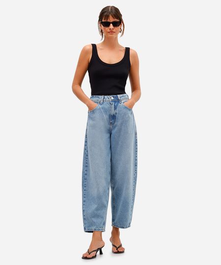 calça barrel feminina jeans cintura alta azul 36