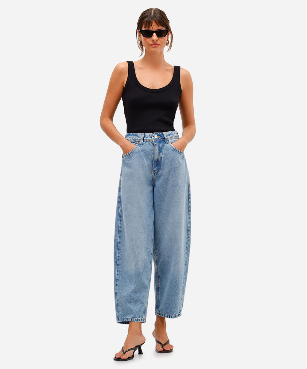 calça barrel feminina jeans cintura alta azul
