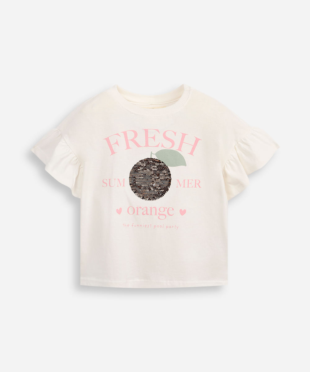camiseta de algodão infantil com babados e paetê off white