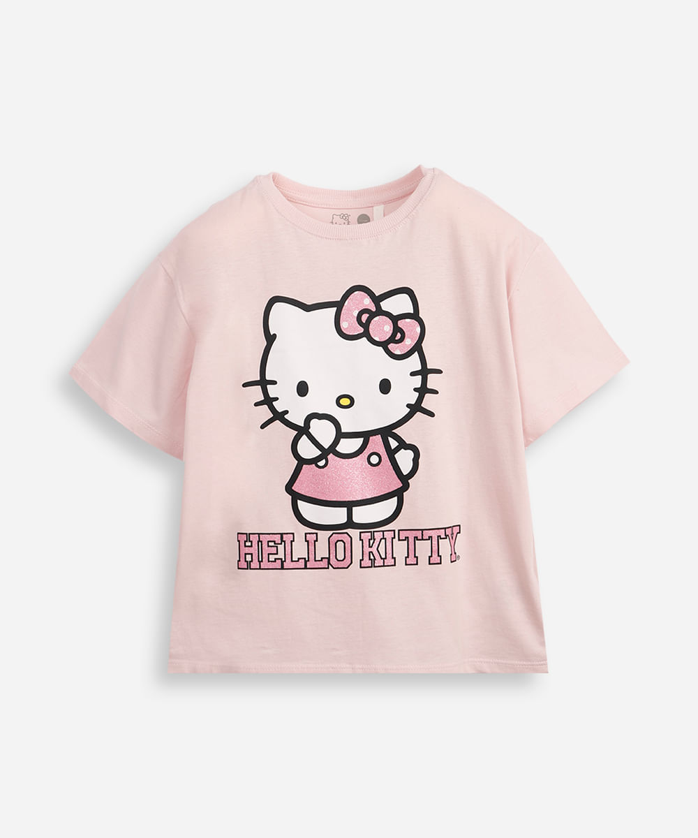 camiseta de algodão infantil manga curta hello kitty rosa