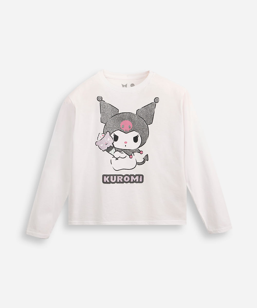 blusa de algodão infantil manga curta kuromi off white