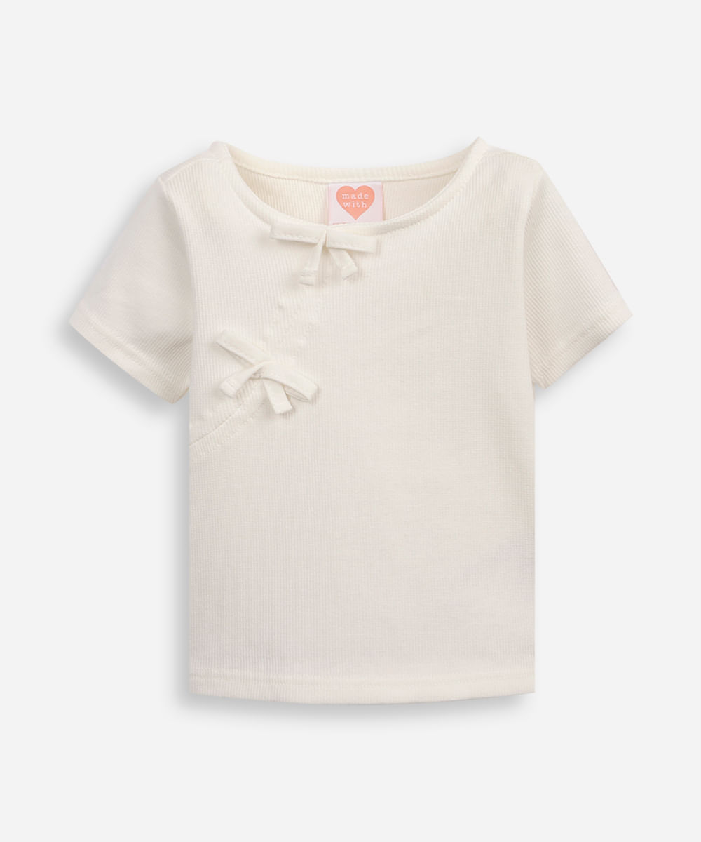 blusa de algodão infantil com lacinho canelada off white