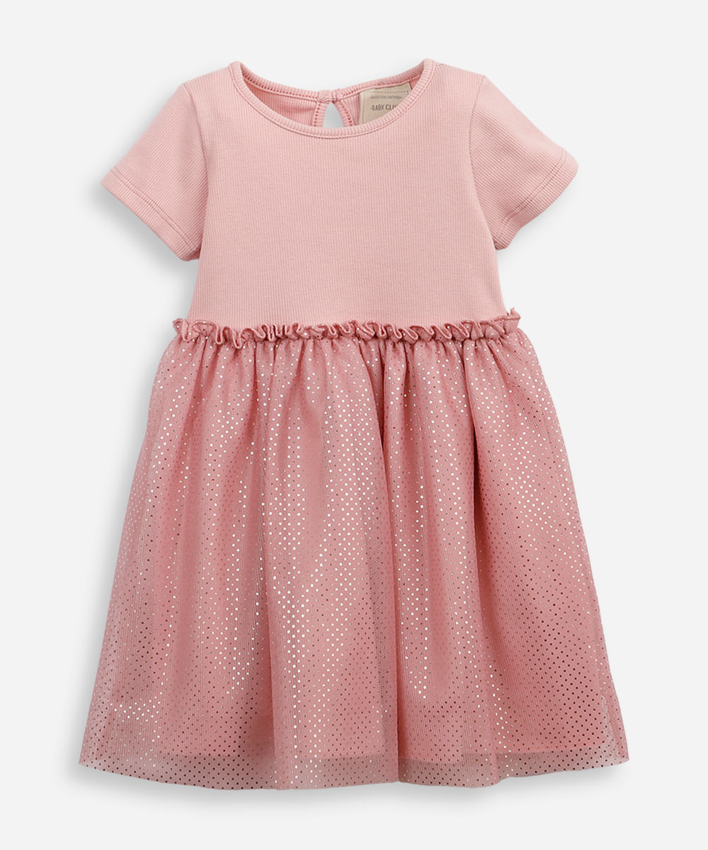 vestido infantil com tule floral metalizado rosa