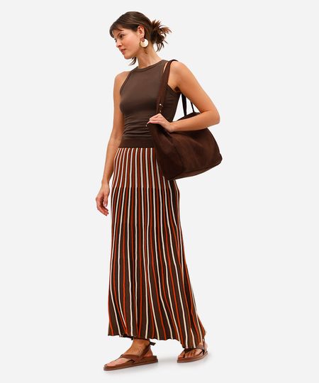 saia midi feminina de tricot texturizada listrada marrom PP saia midi feminina de tricot texturizada listrada marrom PP