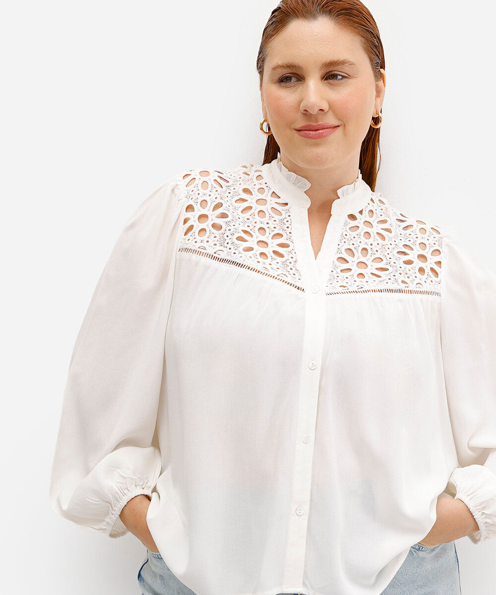 camisa feminina de viscose com laise manga bufante plus size off white