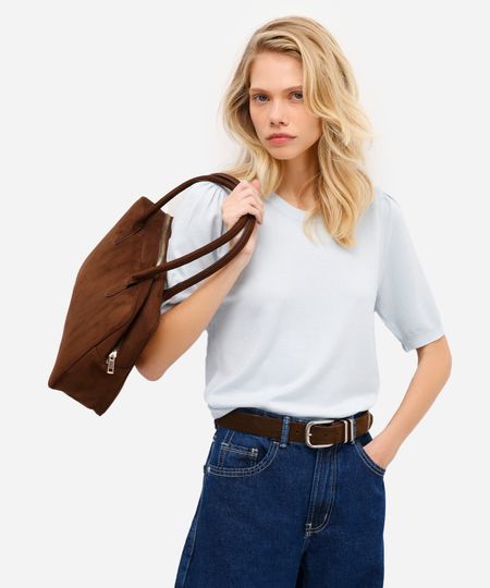 blusa feminina de tricot manga bufante azul PP blusa feminina de tricot manga bufante azul PP