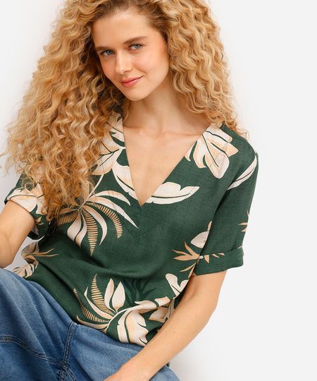 blusa feminina de viscose decote v folhagens verde PP blusa feminina de viscose decote v folhagens verde PP
