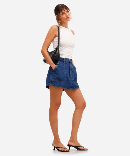 short saia feminino jeans cintura alta azul 34
