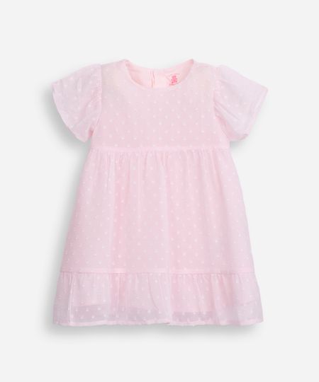 vestido infantil manga curta poá rosa 12-18