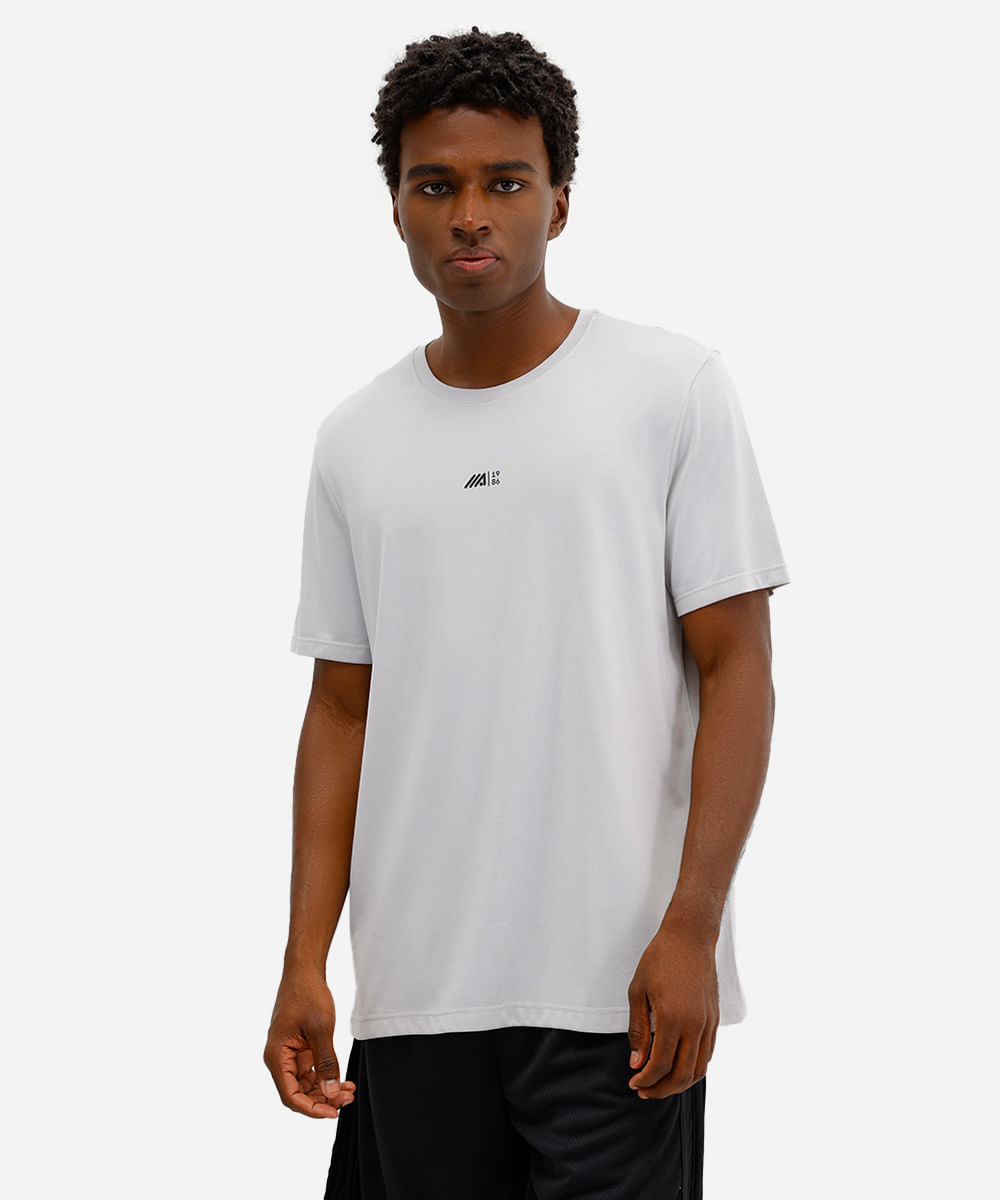 camiseta masculina esportiva ace de poliamida estampada cinza
