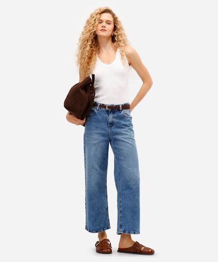 calça wide leg cropped feminina jeans com cinto - jeans medio 34 calça wide leg cropped feminina jeans com cinto - jeans medio 34