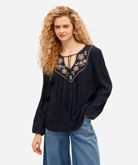 bata feminina de viscose manga bufante com lurex floral azul GG bata feminina de viscose manga bufante com lurex floral azul GG