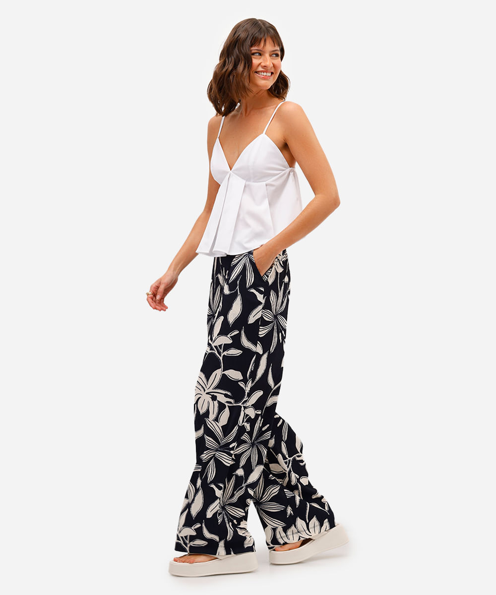calça wide leg feminina texturizada floral azul