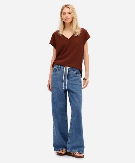 calça wide leg feminina jeans cós elástico com cordão azul 34 calça wide leg feminina jeans cós elástico com cordão azul 34