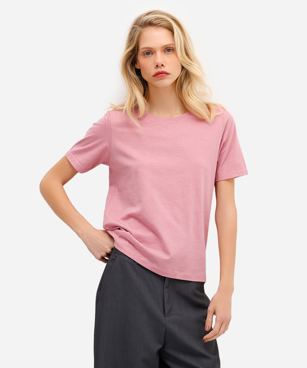 blusa básica feminina de algodão manga curta rosa
