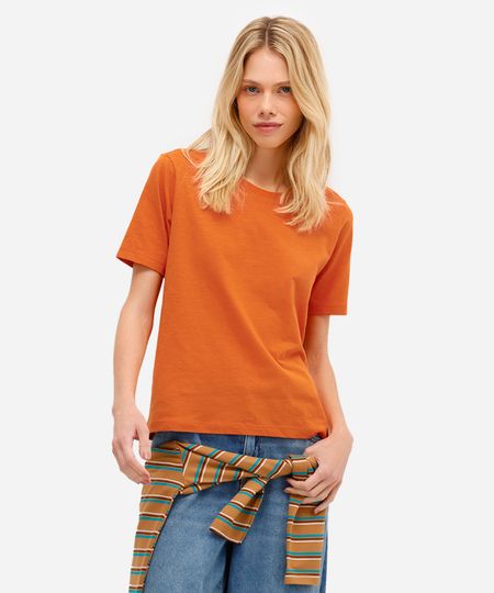 blusa básica feminina de algodão manga curta laranja G blusa básica feminina de algodão manga curta laranja G