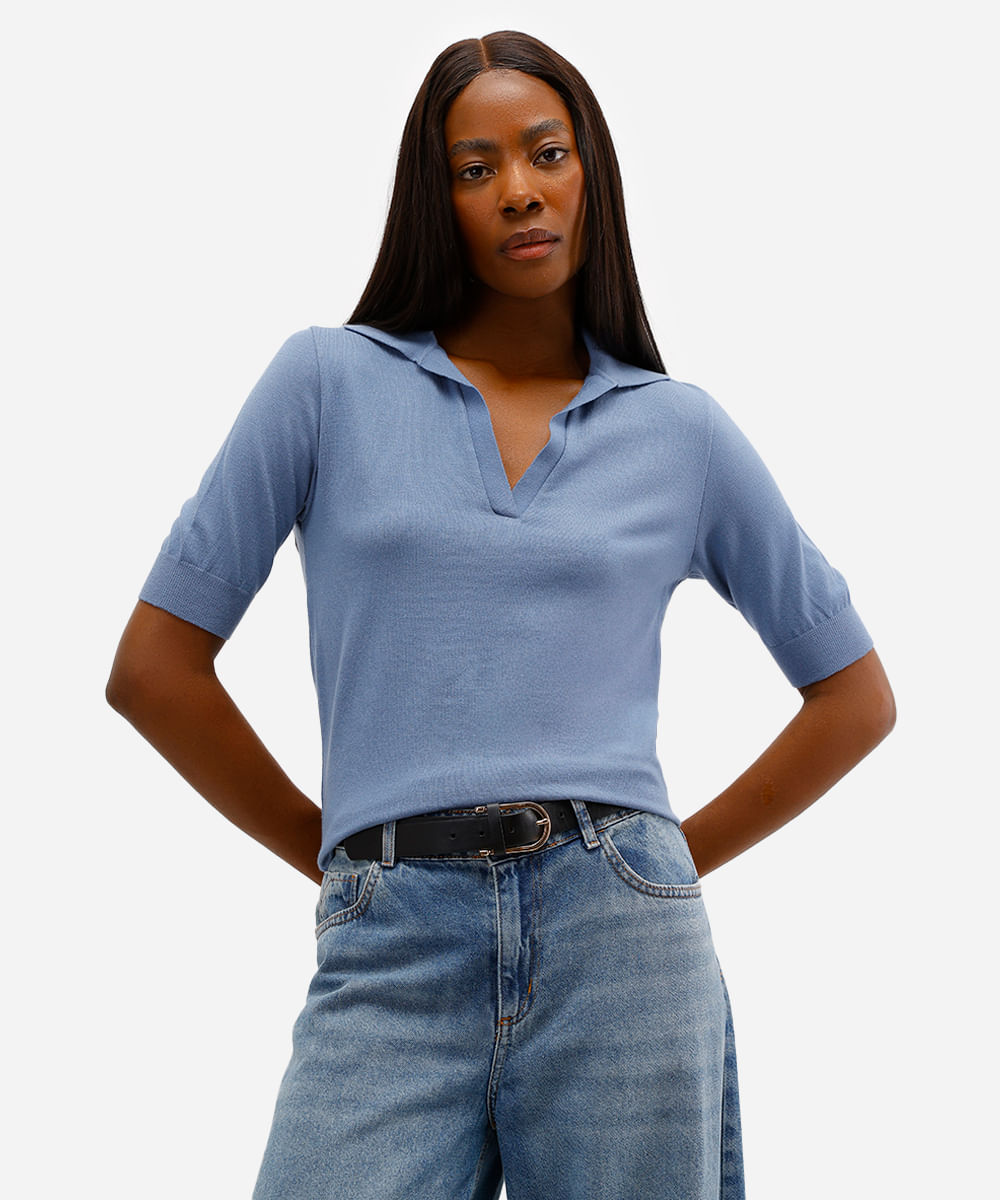 polo feminina de tricot decote v azul