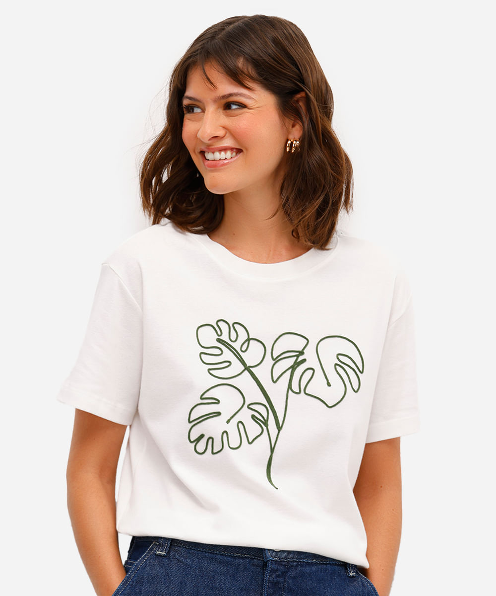 camiseta feminina de algodão bordada folhagem off white