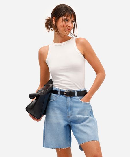 bermuda reta feminina jeans cintura alta azul 38