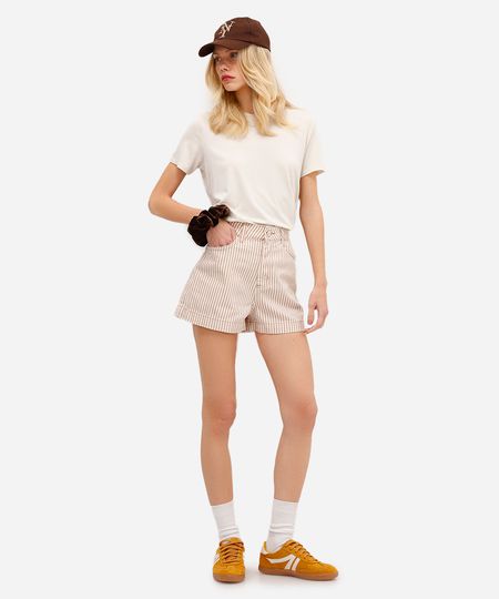 short feminino de sarja listrado bege 36