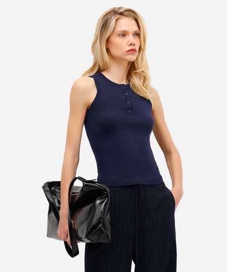 regata feminina de tricot com botões azul GG