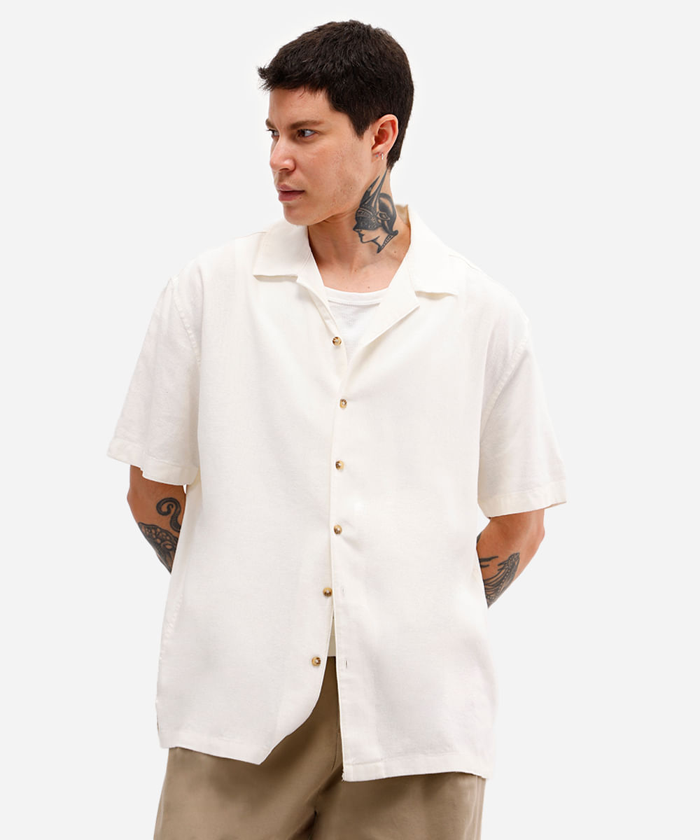 camisa masculina com linho manga curta off white