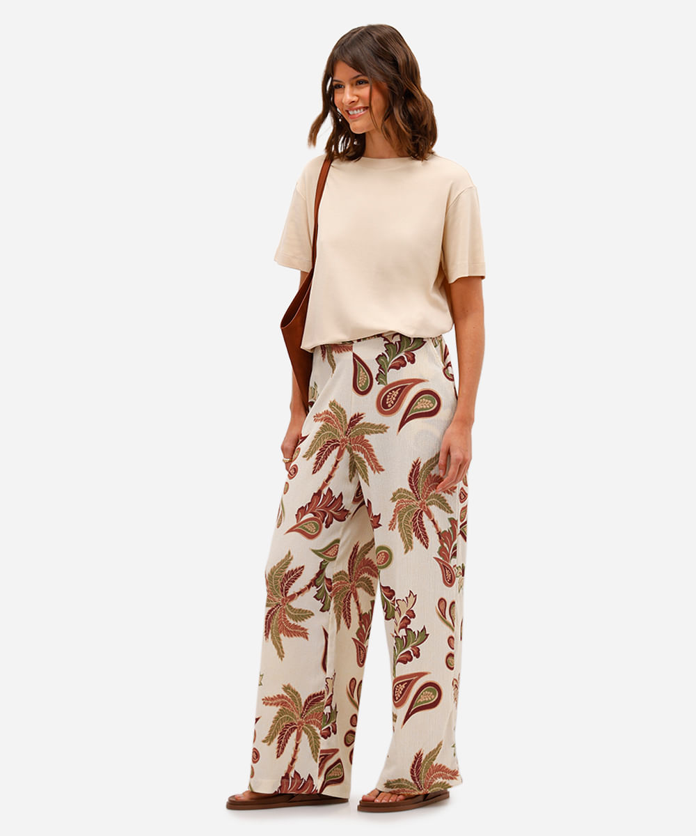 calça wide leg feminina texturizada folhagens off white