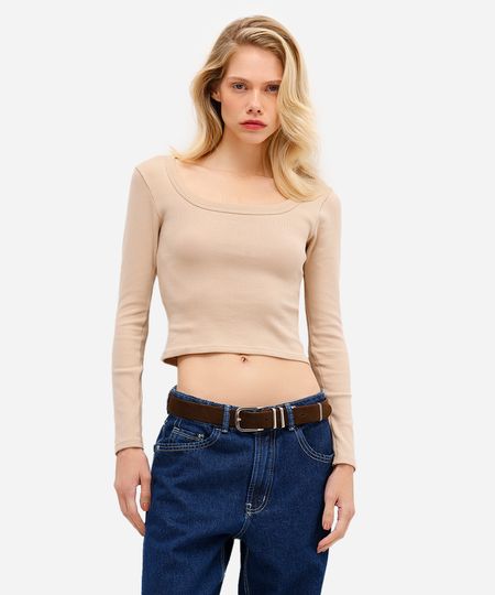 blusa básica feminina de algodão manga longa bege PP blusa básica feminina de algodão manga longa bege PP