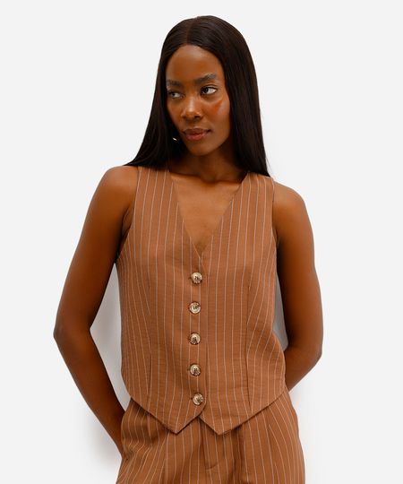 colete feminino de alfaiataria risca de giz marrom G colete feminino de alfaiataria risca de giz marrom G