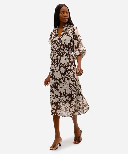 vestido midi feminino floral texturizado marrom G vestido midi feminino floral texturizado marrom G