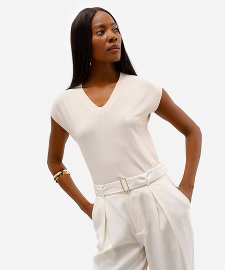 blusa feminina de tricot decote v bege GG