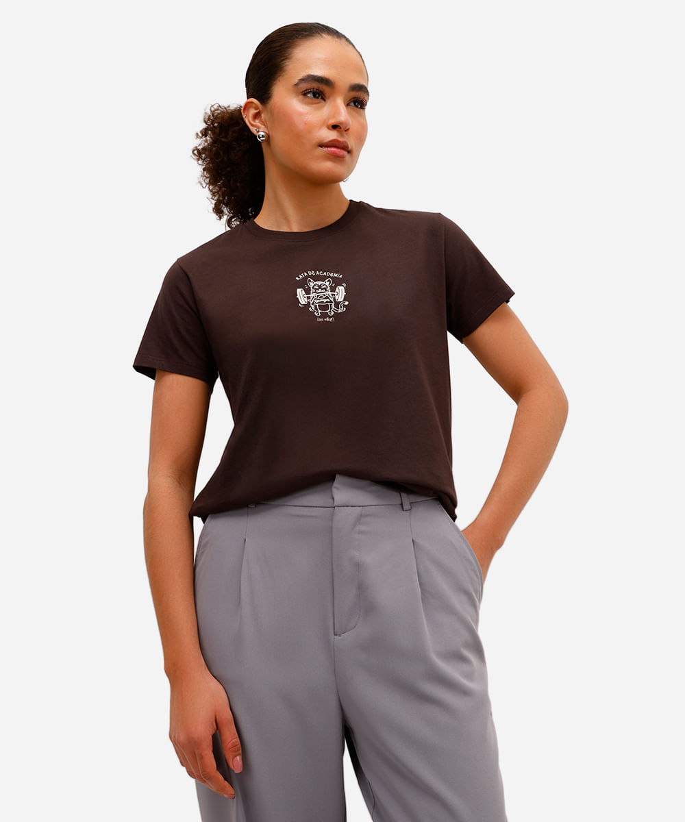 camiseta feminina de algodão rata de academia marrom