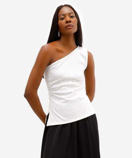 blusa ombro único feminina franzida com fendas off white M