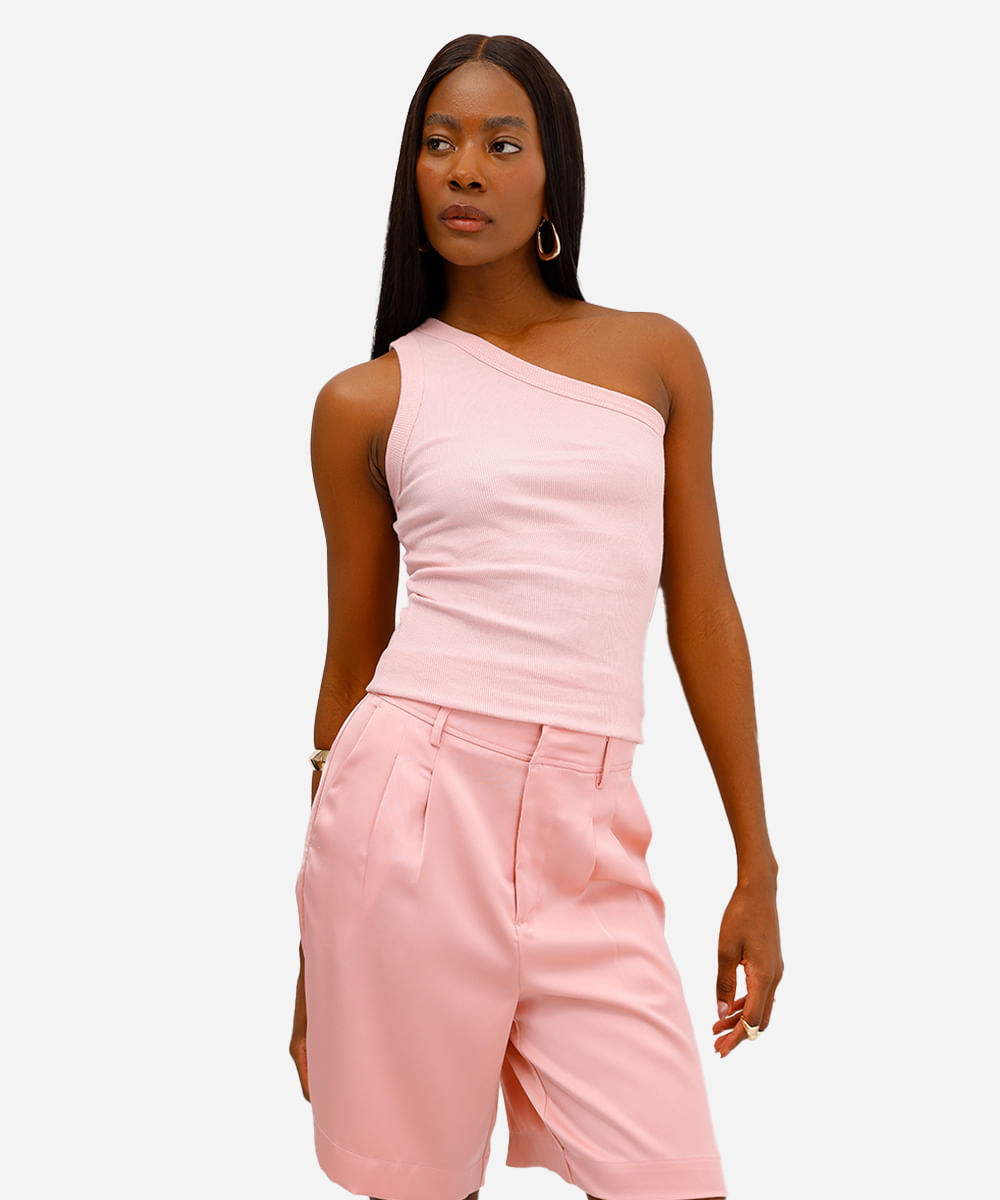 blusa ombro único feminina canelada rosa
