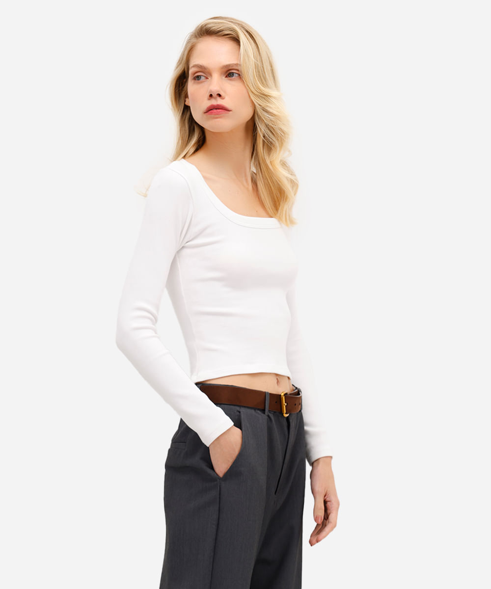blusa básica feminina de algodão manga longa off white