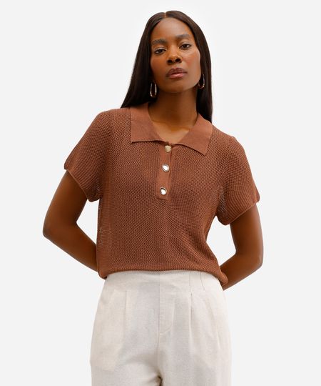 polo feminina de tricot manga curta marrom PP