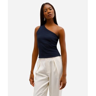 blusa ombro único feminina canelada azul