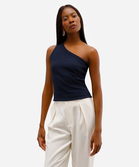 blusa ombro único feminina canelada azul M blusa ombro único feminina canelada azul M