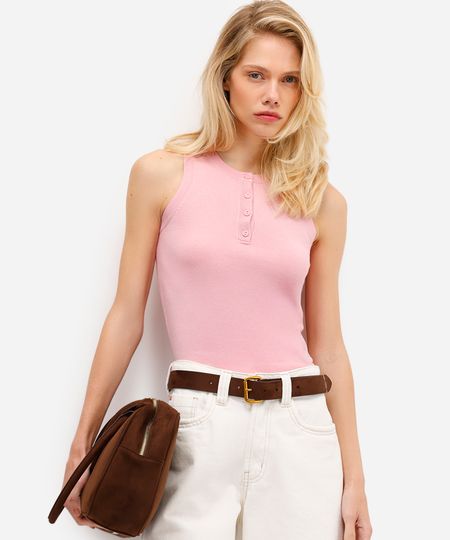 regata feminina de tricot com botões rosa P