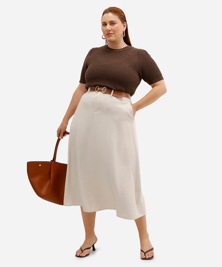saia midi feminina de viscose com cinto plus size bege 50