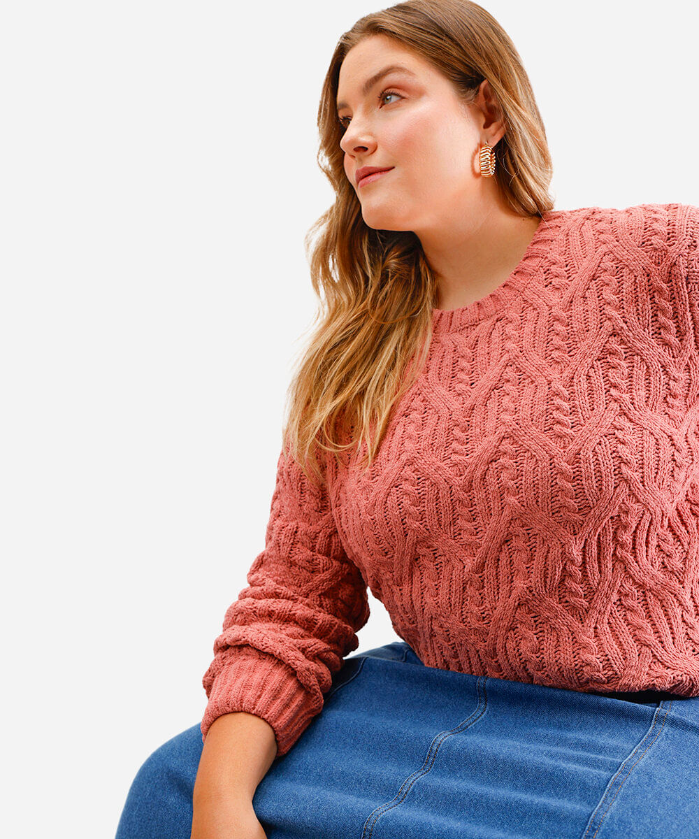suéter feminino de tricot texturizado plus size rosa