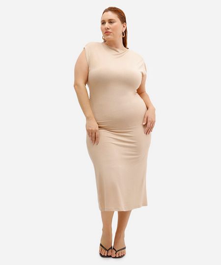 vestido feminino midi de viscose manga japonesa plus size bege GG3