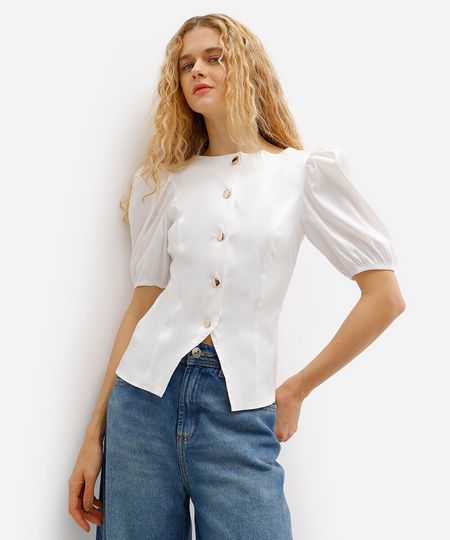blusa feminina de tafetá manga bufante off white P