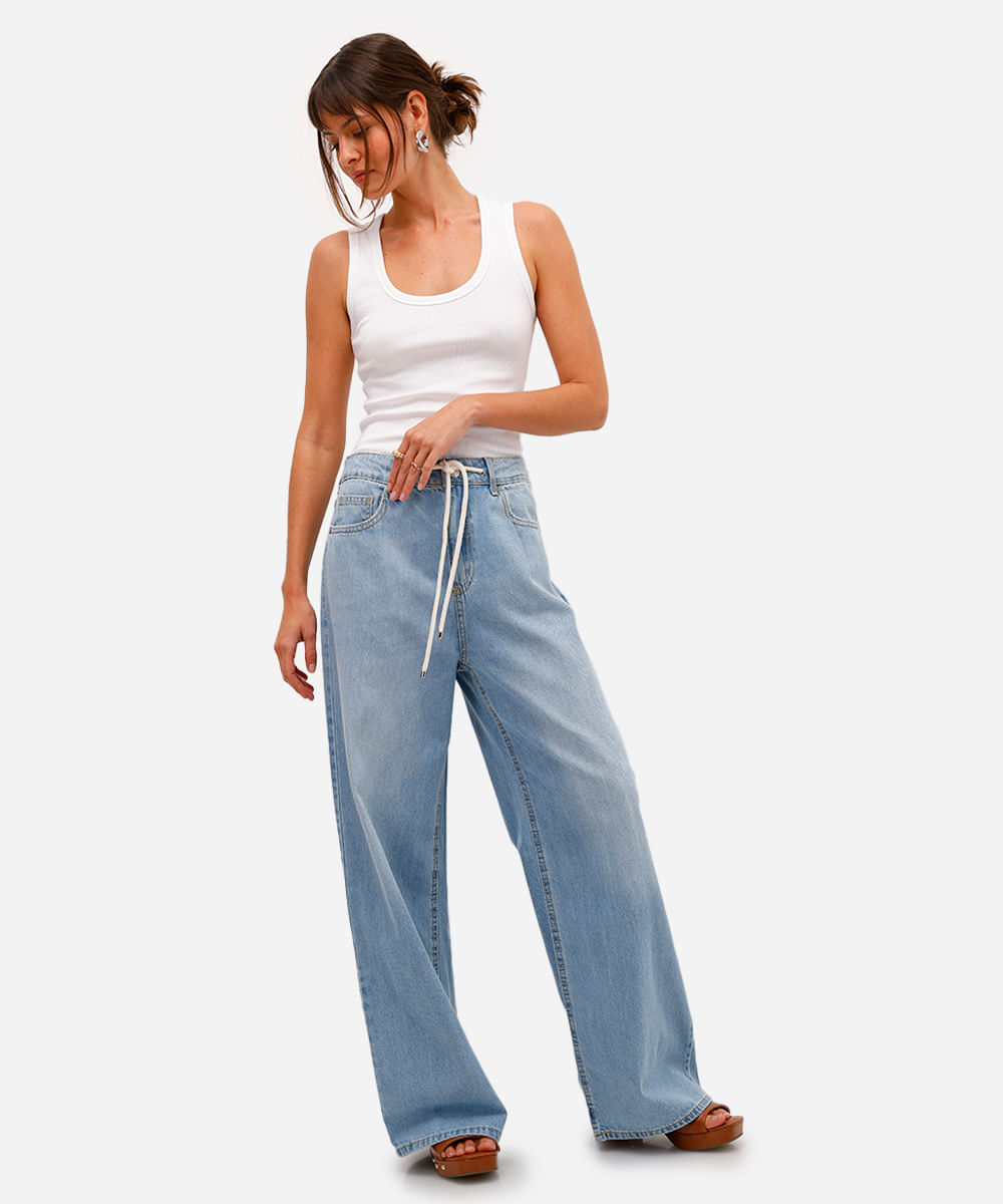 calça wide leg feminina jeans com cordão azul