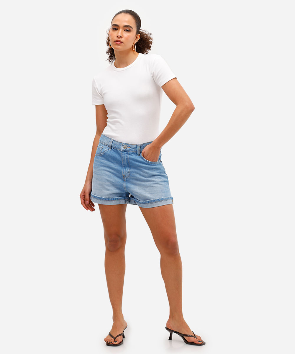 short feminino jeans barra dobrada azul