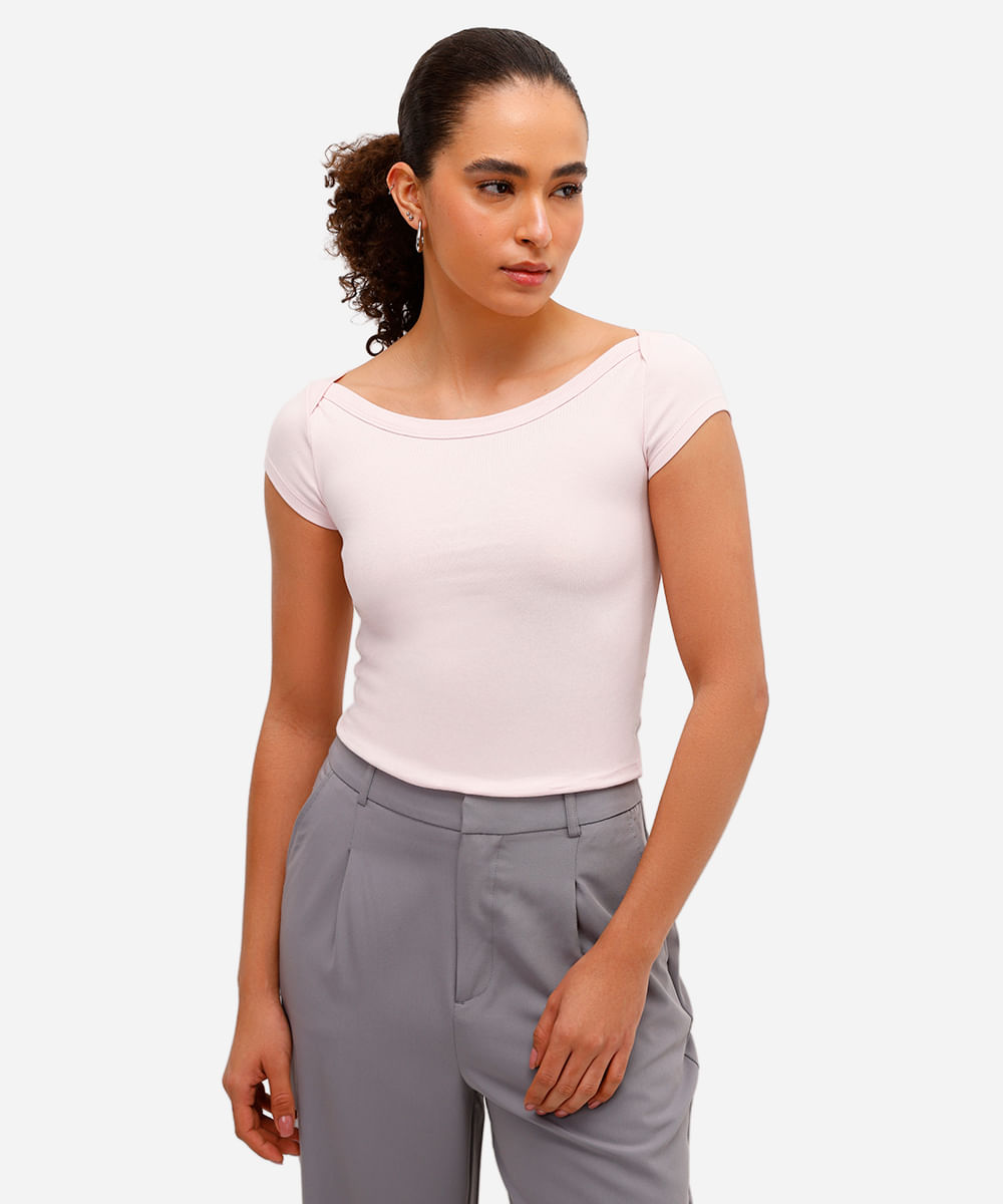 blusa feminina de algodão decote canoa rosa