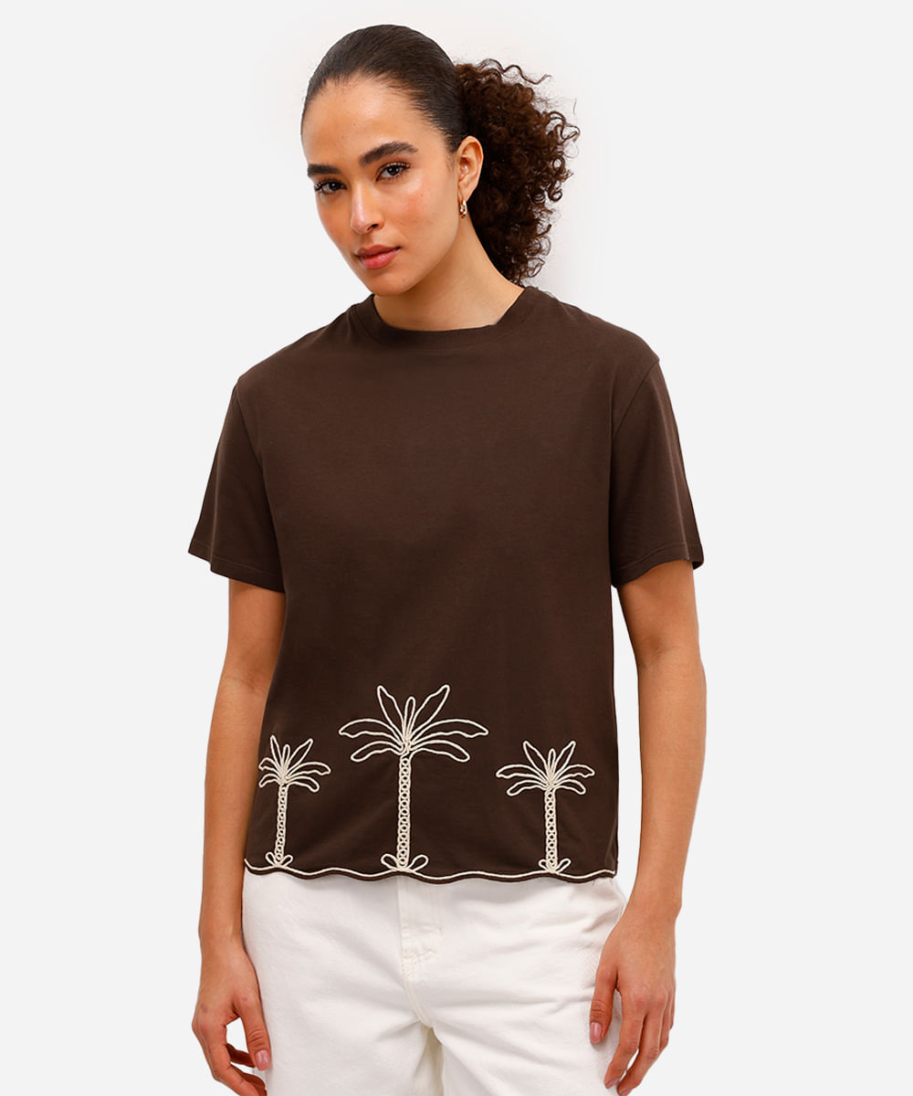 camiseta feminina de algodão bordada folhagens marrom
