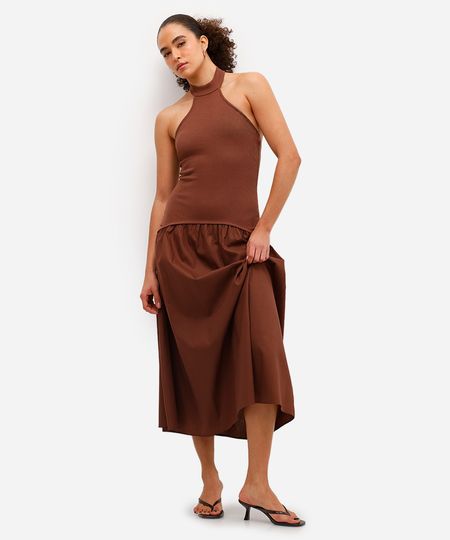 vestido midi feminino frente única de algodão marrom PP