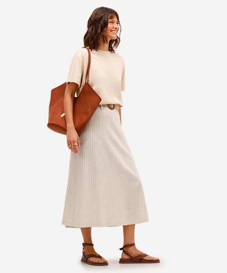 saia midi feminino com linho e cinto listrada bege 44 saia midi feminino com linho e cinto listrada bege 44